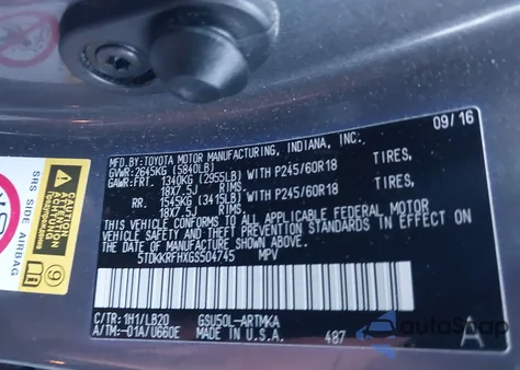 2016 Toyota Highlander Xle V6 из США, поврежденный, VIN 5TDKKRFHXGS504745